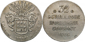 HAMBURG - LÜBECK - SCHLESWIG-HOLSTEIN
Hamburgische Münzen in Silber
32 Schilling 1808 HSK. Jetzt ohne Kaisertitel. Behelmter Burgschild. Rs. Wert un...