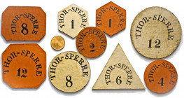 HAMBURG - LÜBECK - SCHLESWIG-HOLSTEIN
MARKEN UND ZEICHEN
Torsperre-Zahlmarken (bis 1860) aus farbig lackiertem Karton zu 1, 6, 8, 12 [Schilling], be...