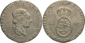 HAMBURG - LÜBECK - SCHLESWIG-HOLSTEIN
SCHLESWIG-HOLSTEIN
Speciestaler 1795 B/MF, Altona. Büste r. Rs. Gekröntes, ovales Wappen. Lange 127 AA. Dav. 1...