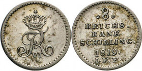 HAMBURG - LÜBECK - SCHLESWIG-HOLSTEIN
SCHLESWIG-HOLSTEIN
Friedrich VI., 1808–1839. 8 Reichsbankschilling 1819 IFF, Altona. J. 12c. Hede 31C. Sieg 22...
