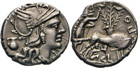 ANTIKE WELT
Römische Republik
Sex. Pompeius Faustulus. Denar, 137, Rom. Romabüste mit Flügelhelm, links ein kl. Henkelkrug, rechts Wertz. X. Rs. Ste...