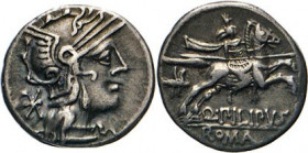 ANTIKE WELT
Römische Republik
Q. Marcius Philippus. Denar, 129, Rom. Romabüste mit Flügelhelm, dahinter Wertzeichen. Rs. Dioskur(?) mit Lanze n.r. r...