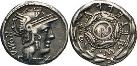 ANTIKE WELT
Römische Republik
M. Caecilius Q.f. Metellus. Denar, 127, Rom. Romabüste mit Flügelhelm, links ROMA, rechts unter dem Kinn Wertzeichen. ...