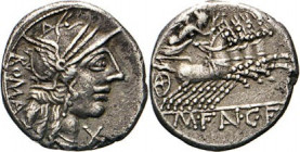ANTIKE WELT
Römische Republik
M. Fannius C.F. Denar, 123, Rom. Romakopf mit Flügelhelm n.r. Rs. Victoria in Quadriga. Albert 1032. Sear 150. 3,77 g....