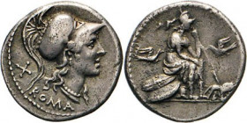 ANTIKE WELT
Römische Republik
Anonymus. Denar, 115/114, Rom. Romabüste mit korinthischem Helm, links Wertzeichen X, darunter ROMA. Rs. Roma auf zwei...