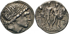 ANTIKE WELT
Römische Republik
L. Memmius. Denar 109/108, Rom. Apollo (?)-Kopf r. Rs. 2 Dioskuren stehend zwischen ihren Pferden, im Abschnitt L.MEMM...