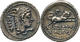 ANTIKE WELT
Römische Republik
L. Thorius Balbus. Denar, 105, Rom. Büste der Juno Sospita mit Ziegenfell n.r., dahinter ISMR. Rs. Stier n.r. springen...