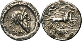 ANTIKE WELT
Römische Republik
D. Junius Silanus l.f. Denar, 91, Rom. Bärtiger Silenkopf, darunter ROMA, links Bz. B. Rs. Victoria mit Peitsche und P...