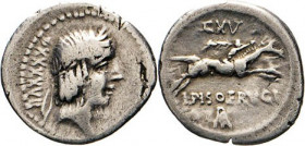 ANTIKE WELT
Römische Republik
Denar, 90, Rom. Apollokopf n.r. Rs. Reiter n.r. Albert 1174. Sear 235. 3,68 g.
 fss