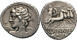 ANTIKE WELT
Römische Republik
Licinius L.f. Macer. Denar, 84, Rom. Drap. Apollobüste n.l. Rs., Minerva in Quadriga. Albert 1237. Sear 274. 4,02 g. R...