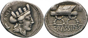 ANTIKE WELT
Römische Republik
P. Furius Crassipes. Denar, 84, Rom. Kybelekopf mit Mauerkrone n.r., dahinter AEDCVR und ein deformierter Fuß(?). Rs. ...
