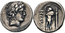 ANTIKE WELT
Römische Republik
L. Marcius Censorinus. Denar, 82, Rom. Belorbeerter Aopollokopf n.r. Rs.Streh. Marsyas neben einer Säule. Albert 1254....