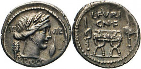 ANTIKE WELT
Römische Republik
L. Furius Cn f. Brocchus. Denar, 63, Rom. Ceresbüste mit Ähren im Haar, zu den Seiten III-VIR, unten BROCCHI, links Äh...