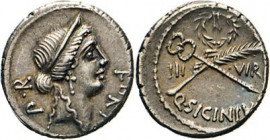 ANTIKE WELT
Römische Republik
Q. Sicinius für Cn. Pompeius Magnus. Denar, 49, Rom. Kopf der Fortuna Populi Romani mit Diadem r., am unteren Rand von...