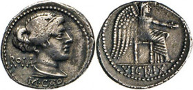 ANTIKE WELT
Römische Republik
M. Porcius Cato Uticensis. Denar 47/46, Heeresmünzstätte der Pompeianer in Afrika. Weibliche Büste mit Haarband, dahin...
