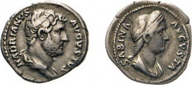 ANTIKE WELT
Römisches Reich
Denar, Roma Felix n.l. sitzend. Kampm. 32.101.2. 3,32 g. Ex Kress 92, Nr. 629. Und Sabina Augusta, Gattin des Hadrian, †...