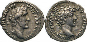 ANTIKE WELT
Römisches Reich
Denar,AVRELIVS CAESAR, Belorbeerte Büste Antoninus Pius. Rs. Kopf des Marcus Aurelius. Kampm. 35.64. Ex Kress 90, Nr. 98...
