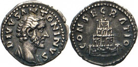 ANTIKE WELT
Römisches Reich
Denar, CONSECRATIO, (unter Marcus Aurelius), Scheiterhaufen in 4 Etagen. Kampm. 35.313. Ex Kress, 853. 3,25 g.
 ss-vz
