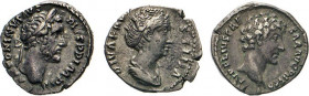 ANTIKE WELT
Römisches Reich
Denar, TRPOT XX IIII, Salus n.l. sitzend mit Schlange. Kampm,. 35.20,6. Und: Faustina Maior. Denar, AETERNITAS, Aeternit...