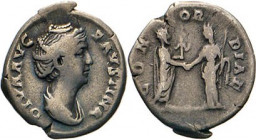 ANTIKE WELT
Römisches Reich
Faustina Maior, Gattin des Antoninus Pius, †141. Denar CONCORDIAE, Antoninus Pius stehend im Handschlag mit Faustina. RI...