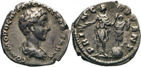 ANTIKE WELT
Römisches Reich
Denar, PRINC IVENT, Commodus n.l. stehend neben Standarte mit Rüstung. Kampm. 41.14. 3,35g. 
 ss