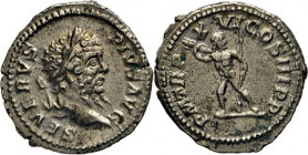 ANTIKE WELT
Römisches Reich
Septimius Severus, 193–211. Denar. Belorbeerte Büste n.r. Rs. Sol n.l. stehend. Kampm. 49.144. RIC 217. 3,60 g. 
vz