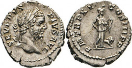 ANTIKE WELT
Römisches Reich
Denar, PMTR PXV COS III PP, Africa n.r.stehend. Kampm. 49.142.1. 3,28 g. 
vz