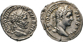ANTIKE WELT
Römisches Reich
Caracalla, 198–217. Denar, MARTI PROPVGNATORI, Mars n.l. laufend und Denar RESTI­ TVTORIS, Roma n.l. sitzend. Kampm. 51....