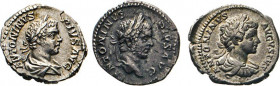 ANTIKE WELT
Römisches Reich
3 Denare. Büste n.r. Rs. Felicitas n.l., Caracalla n.r., Sol n.l. stehend. 3,42; 3,12 u. 3,15 g. Kampm. 51.49; 51.104,4;...