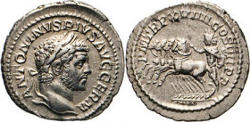 ANTIKE WELT
Römisches Reich
Denar, PMTRPXVIIII COSIIIIPP, Sol in Quadriga. Kampm. 51.94,7. 3,07 g. Ex Kress 92, Nr. 871.
ss-vz