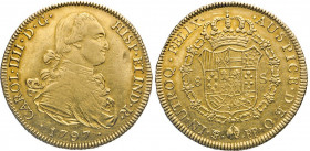 AUSLÄNDISCHE MÜNZEN
BOLIVIEN
Carlos IV., 1788–1808. 8 Escudos 1797 TS-PP, Potosi. Calico/Trigo 14,91. Fb. 14. 26,92 g. Schräg gekerbter Rand. Kl. Dr...