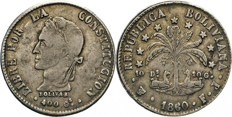 AUSLÄNDISCHE MÜNZEN
BOLIVIEN
1 Peso zu 8 Soles 1860 FJ, Potosi. Belorbeertes B...