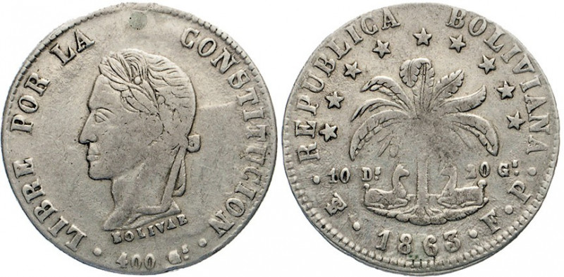 AUSLÄNDISCHE MÜNZEN
BOLIVIEN
1 Peso 1863 FP-PTS Monogramm, Potosi. Raym. 25. K...