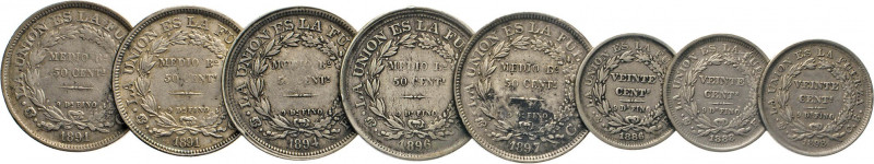 AUSLÄNDISCHE MÜNZEN
BOLIVIEN
50 Centavos 1891 CB (2), 1894 ES, 1896 ES, 18987 ...