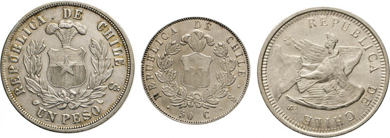 AUSLÄNDISCHE MÜNZEN
CHILE
Republik. 50 Centavos 1853. 1 Peso 1881 und 5 Pesos ...