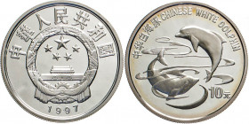 AUSLÄNDISCHE MÜNZEN
CHINA
Volksrepublik. 10 Yuan 1997 (999f, 21,10 g). Motiv 2 Delphine. KM 1038 
 Proof