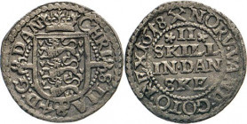AUSLÄNDISCHE MÜNZEN
DÄNEMARK
Christian IV., 1588–1648. 2 Skilling 1618, Mzz. des Mzm. Johan Post in Kopenhagen. Gekröntes Wappen. Rs. *II*/SKILL/IN....