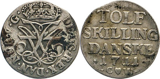 AUSLÄNDISCHE MÜNZEN
DÄNEMARK
Frederik IV., 1699–1730. 12 Skilling 1711 CW, Kop...