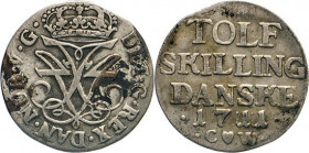 AUSLÄNDISCHE MÜNZEN
DÄNEMARK
Frederik IV., 1699–1730. 12 Skilling 1711 CW, Kopenhagen. Hede 43A. Sieg 9. 3,61 g.
 fss