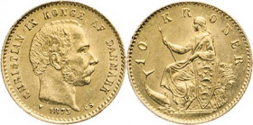 AUSLÄNDISCHE MÜNZEN
DÄNEMARK
Christian IX., 1863–1906. 10 Kroner 1873 CS, Kopenhagen. Hede 9A. Sieg 1.1. Fb. 296. 4,48 g. GOLD
vz-st