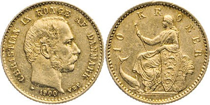 AUSLÄNDISCHE MÜNZEN
DÄNEMARK
10 Kroner 1900 VBP, Kopenhagen. Hede 9B. Sieg 1.2...