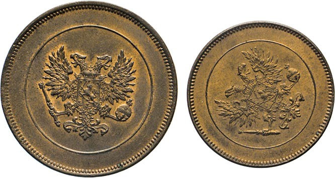 AUSLÄNDISCHE MÜNZEN
FINNLAND
5 und 10 Penniä 1917. Russischer Doppeladler mit ...