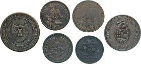 AUSLÄNDISCHE MÜNZEN
GROSSBRITANNIEN
Verschiedene Bronze-Token: Hastings, Halfpenny 1794; Trade Navigation, Halfpenny Token 1813. Bristol, Patent She...