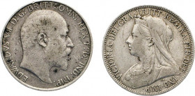 AUSLÄNDISCHE MÜNZEN
GROSSBRITANNIEN
Florin (2 Shillings) 1898 (3 Wappenschilde) und Edward VII., 1901–1910. 2 Shilling 1904 (steh. Britannia). Winz....