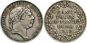 AUSLÄNDISCHE MÜNZEN
IRLAND
George III., 1760-1820. 10 Pence Irish Banktoken 1813. 3,48 g. Glatter Rand.
 ss