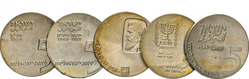 AUSLÄNDISCHE MÜNZEN
ISRAEL
5 Lirot 1958, 1959, 1960, 1965 u. 1966. KM 21, 23, ...