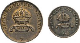 AUSLÄNDISCHE MÜNZEN
ITALIEN
LOMBARDEI und VENETIEN. Cu-1 Centesimi 1843 (ss), Cu-5 Centesimi 1834 V (vz), Venedig. Mit Randschrift REGNO LOMBARDO VE...