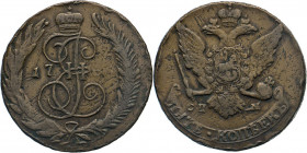 AUSLÄNDISCHE MÜNZEN
RUSSLAND
Cu-5 Kopeken 1766 CПM, St. Petersburg (mit diesem Mzz. nur 1796-1801 geprägt). Brekke 216. Slg. Brekke II vgl. 1285 von...