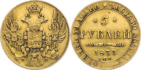 AUSLÄNDISCHE MÜNZEN
RUSSLAND
Nikolaus I., 1825–1855. 5 Rubel 1833 CnB, St. Petersburg. Gekrönter Doppeladler mit Zepter und Reichsapfel, neben dem S...