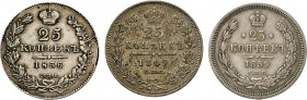 AUSLÄNDISCHE MÜNZEN
RUSSLAND
25 Kopeken 1836, 1849, 1859. Bitkin 276, 300, 131. 3 Stück
fss bis ss+